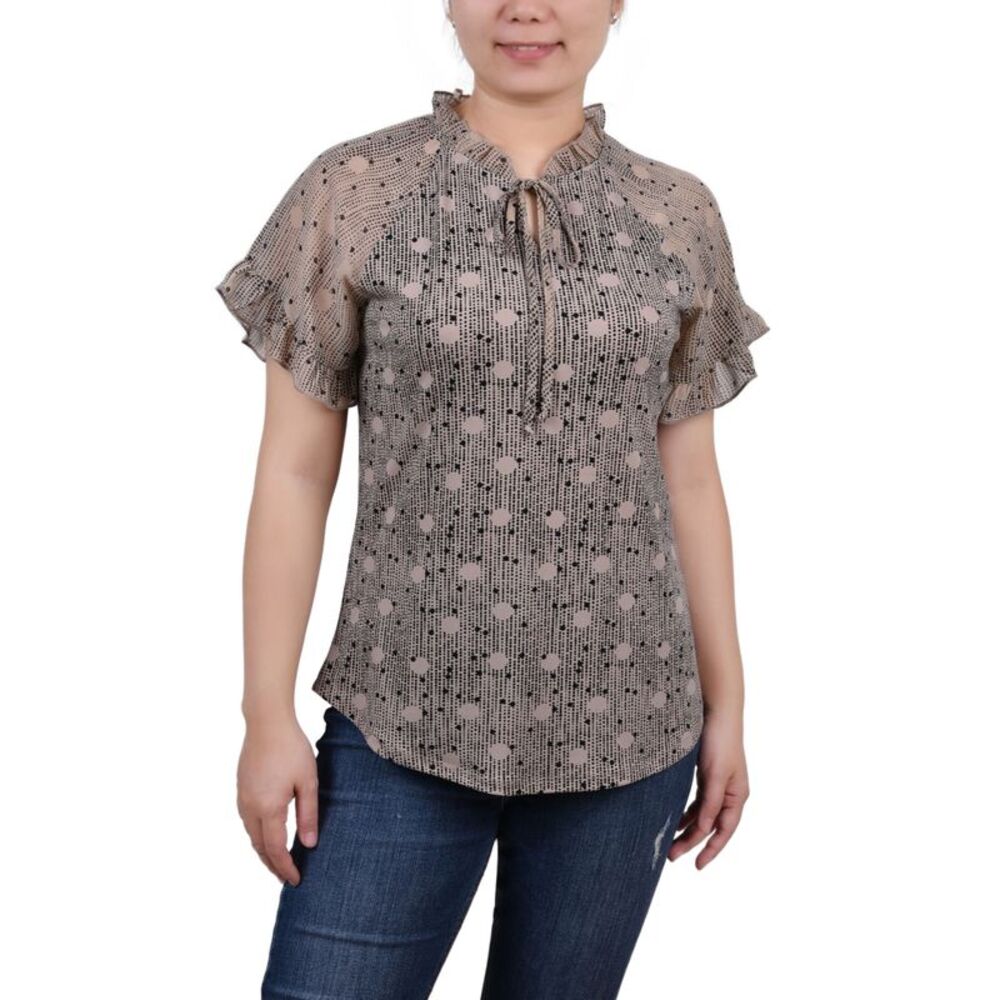NY Collection Petite Chiffon Short Ruffled Sleeve Crepe Knit Top